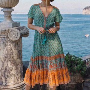 Sea Mist Boho Floral Print Midi Dress